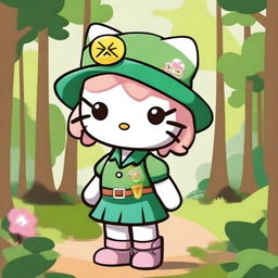 A cute Hello Kitty character dressed as a girl scout, wearing a green uniform with badges, a hat, and a sash