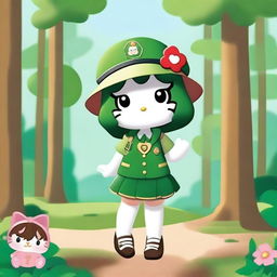 A cute Hello Kitty character dressed as a girl scout, wearing a green uniform with badges, a hat, and a sash