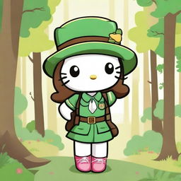 A cute Hello Kitty character dressed as a girl scout, wearing a green uniform with badges, a hat, and a sash