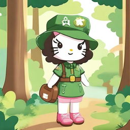 A cute Hello Kitty character dressed as a girl scout, wearing a green uniform with badges, a hat, and a sash