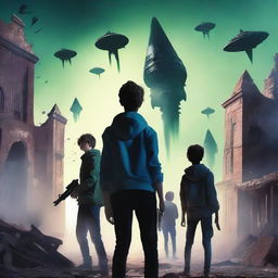 A book cover image featuring a group of teenagers armed with weapons, hidden in various angles around an abandoned town