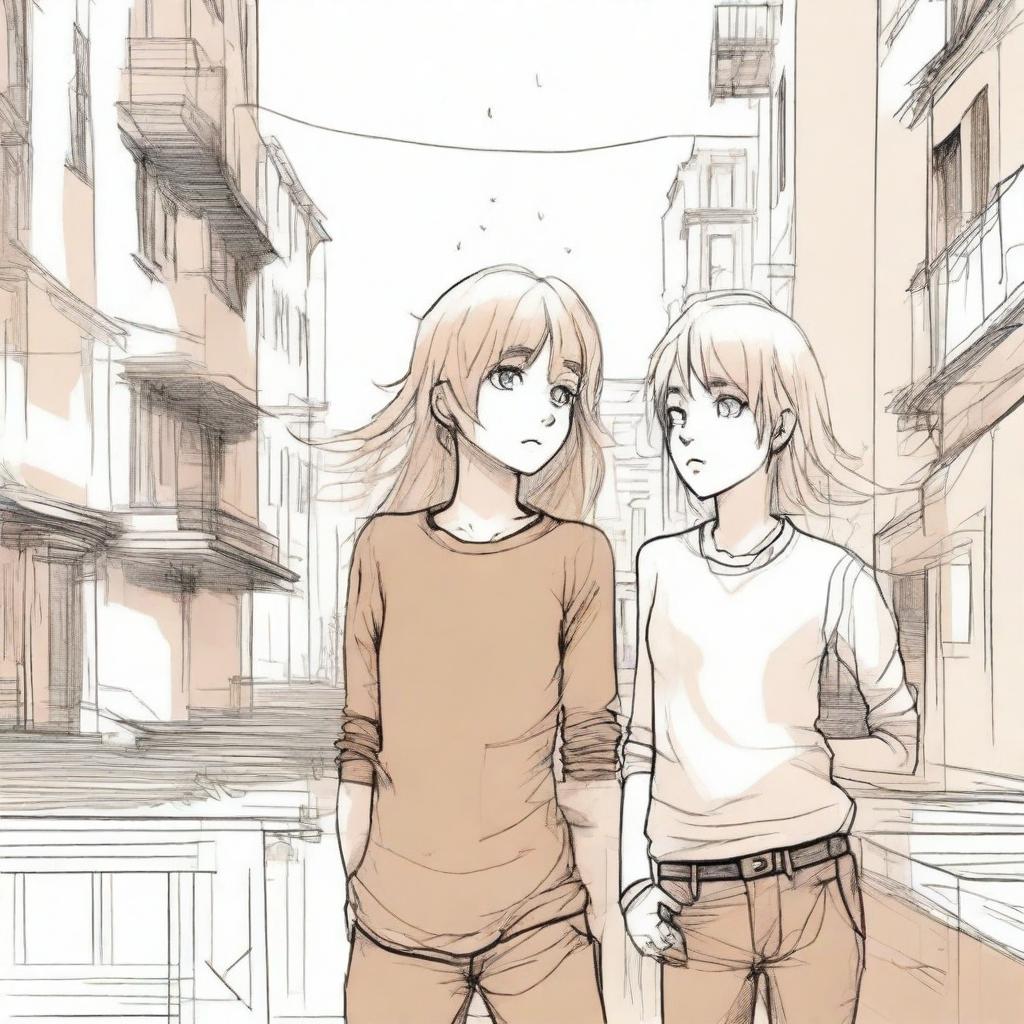 A sketch of a girl with blonde hair standing on a ledge with a boy with brown hair