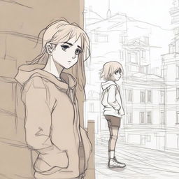 A sketch of a girl with blonde hair standing on a ledge with a boy with brown hair