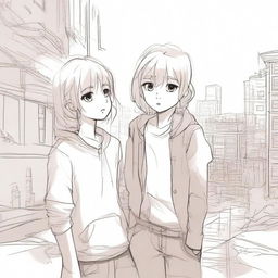 A sketch of a girl with blonde hair standing on a ledge with a boy with brown hair