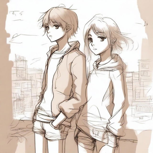 A sketch of a girl with blonde hair standing on a ledge with a boy with brown hair