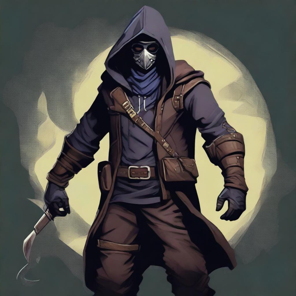 A male rogue artificer, masked and wearing a hood