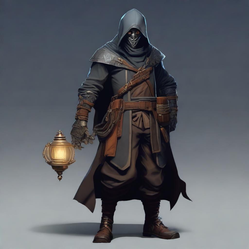 A male rogue artificer, masked and wearing a hood