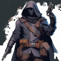 A male rogue artificer, masked and wearing a hood, holding a gun in his hand