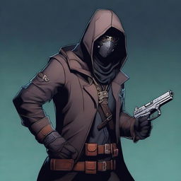 A male rogue artificer, masked and wearing a hood, holding a gun in his hand