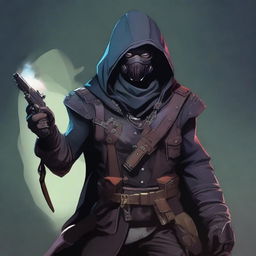 A male rogue artificer, masked and wearing a hood, holding a gun in his hand