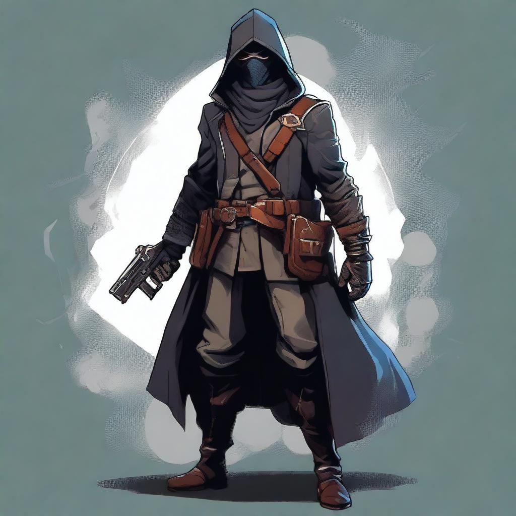 A male rogue artificer, masked and wearing a hood, holding a gun in his hand