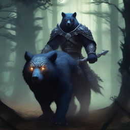 A fearsome Death Knight clad in dark, menacing armor, riding a majestic and powerful owl bear mount through a dark, mystical forest