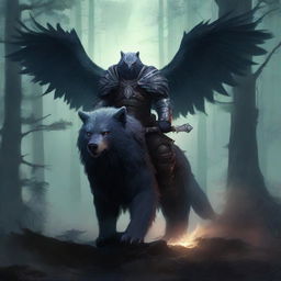 A fearsome Death Knight clad in dark, menacing armor, riding a majestic and powerful owl bear mount through a dark, mystical forest