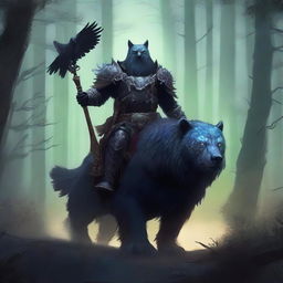 A fearsome Death Knight clad in dark, menacing armor, riding a majestic and powerful owl bear mount through a dark, mystical forest