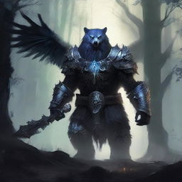 A fearsome Death Knight clad in dark, menacing armor, riding a majestic and powerful owl bear mount through a dark, mystical forest