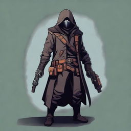 A male rogue artificer, masked and wearing a hood, holding a gun in his hand