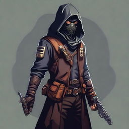 A male rogue artificer, masked and wearing a hood, holding a gun in his hand