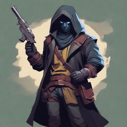 A male rogue artificer, masked and wearing a hood, holding a gun in his hand