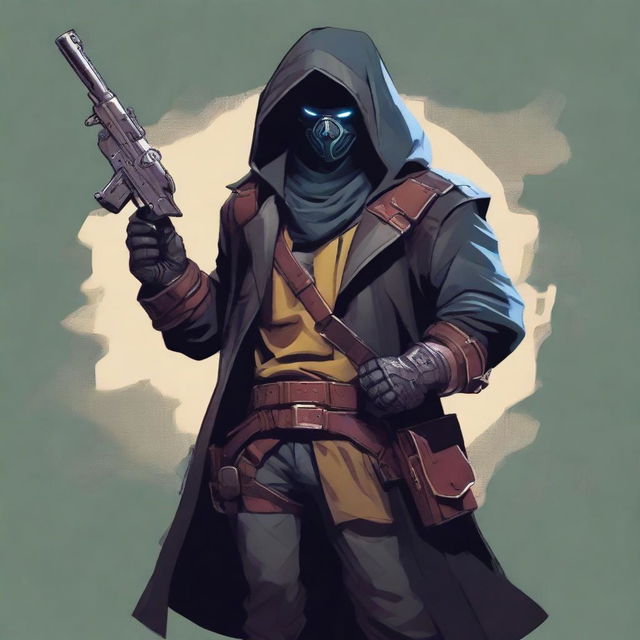 A male rogue artificer, masked and wearing a hood, holding a gun in his hand