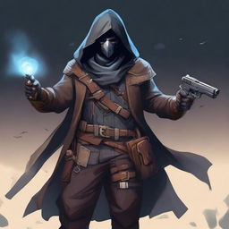 A male rogue artificer, masked and wearing a hood, holding a gun in his hand