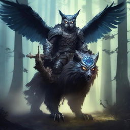 A fearsome Death Knight clad in dark, menacing armor, riding an undead owl bear mount through a dark, mystical forest