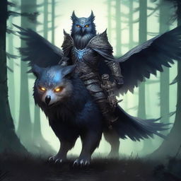 A fearsome Death Knight clad in dark, menacing armor, riding an undead owl bear mount through a dark, mystical forest