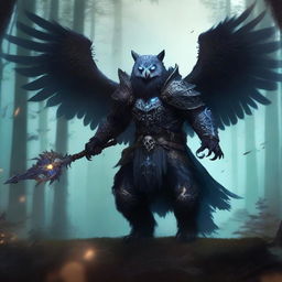 A fearsome Death Knight clad in dark, menacing armor, riding an undead owl bear mount through a dark, mystical forest