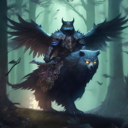 A fearsome Death Knight clad in dark, menacing armor, riding an undead owl bear mount through a dark, mystical forest