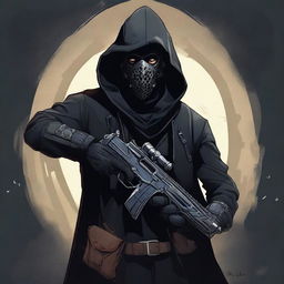 A male rogue artificer, masked and wearing a hood, dressed in black clothes, holding a gun in his hand