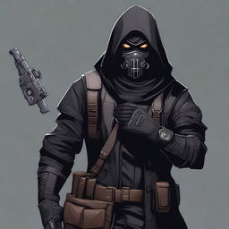 A male rogue artificer, masked and wearing a hood, dressed in black clothes, holding a gun in his hand