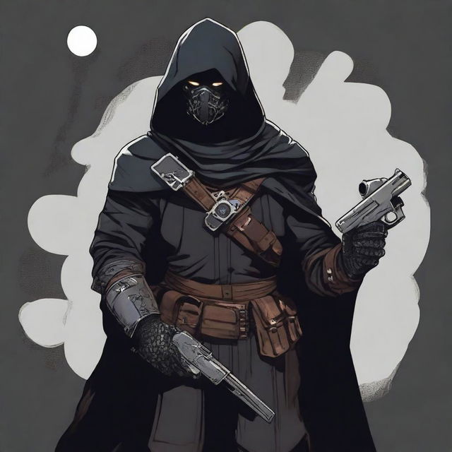 A male rogue artificer, masked and wearing a hood, dressed in black clothes, holding a gun in his hand