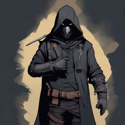 A male rogue artificer, masked and wearing a hood, dressed in black clothes, holding a gun in his hand