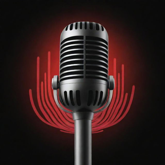 A sleek, modern microphone with visually striking sound waves emanating from it, overlaid with the text of a podcast name in bold letters, designed to symbolize a lively and engaging podcast YouTube channel.