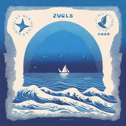 Una portada de álbum titulada 'Azul Cuán Mar' de Hugo Quiñonez con un diseño inspirado en el océano