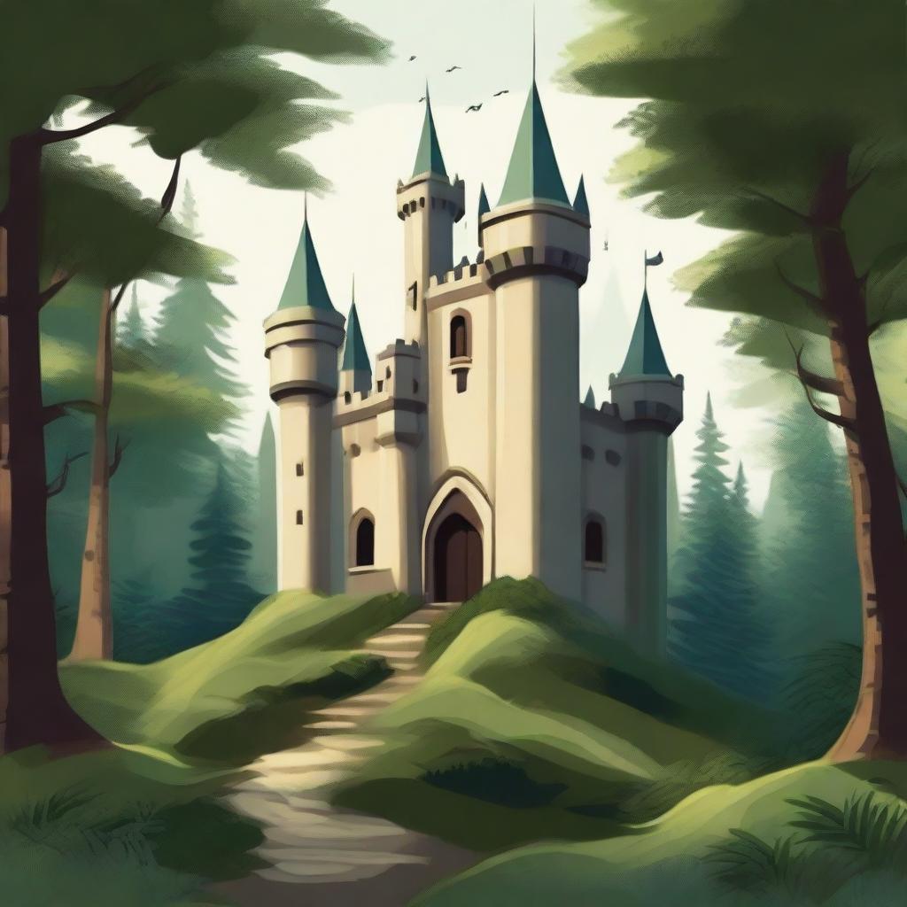 Create an image of a castle nestled in a dense forest