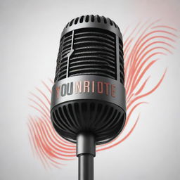 A sleek, modern microphone with visually striking sound waves emanating from it, overlaid with the text of a podcast name in bold letters, designed to symbolize a lively and engaging podcast YouTube channel.