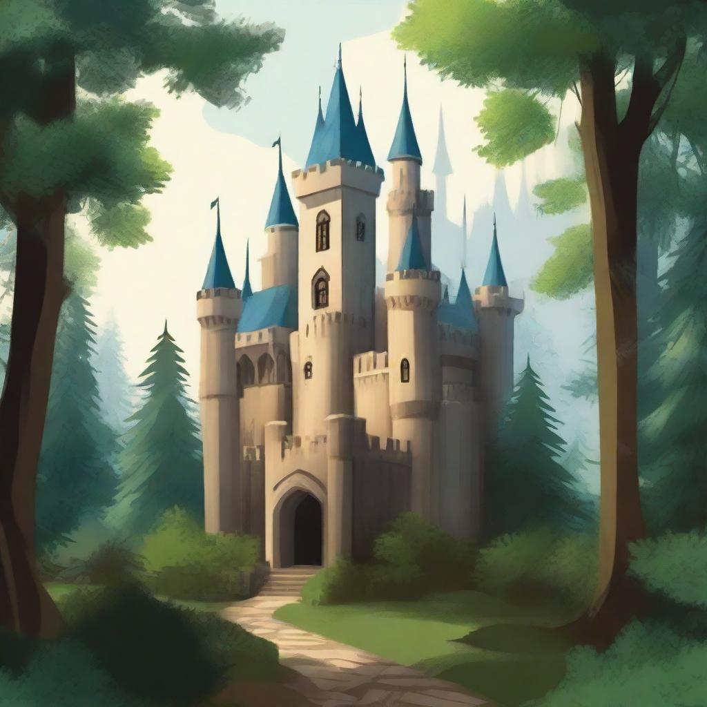 Create an image of a castle nestled in a dense forest