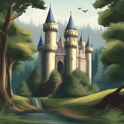 Create an image of a castle nestled in a dense forest