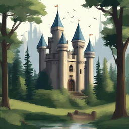 Create an image of a castle nestled in a dense forest