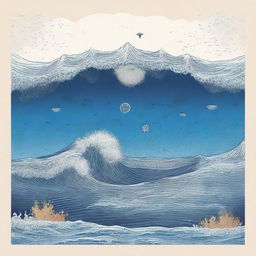 Una portada de álbum titulada 'Azul Cuán Mar' de Hugo Quiñonez con un diseño inspirado en el océano