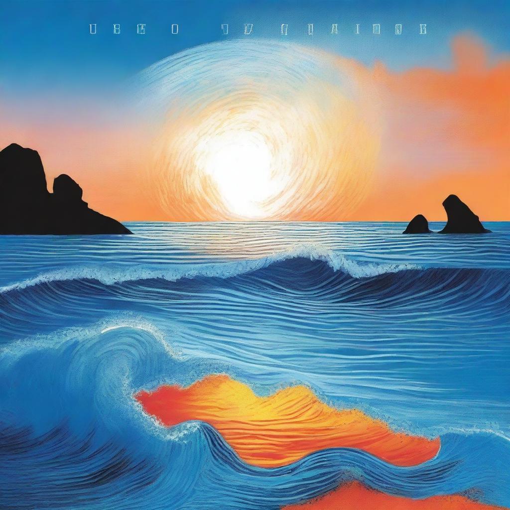 Una portada de álbum titulada 'Azul Cuán Mar' de Hugo Quiñonez con un diseño inspirado en el océano al atardecer