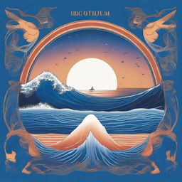 Una portada de álbum titulada 'Azul Cuán Mar' de Hugo Quiñonez con un diseño inspirado en el océano al atardecer