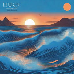 Una portada de álbum titulada 'Azul Cuán Mar' de Hugo Quiñonez con un diseño inspirado en el océano al atardecer