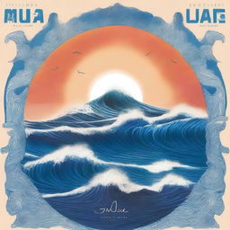 Una portada de álbum titulada 'Azul Cuán Mar' de Hugo Quiñonez con un diseño inspirado en el océano al atardecer