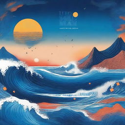 Una portada de álbum titulada 'Azul Cuán Mar' de Hugo Quiñonez con un diseño inspirado en el océano al atardecer