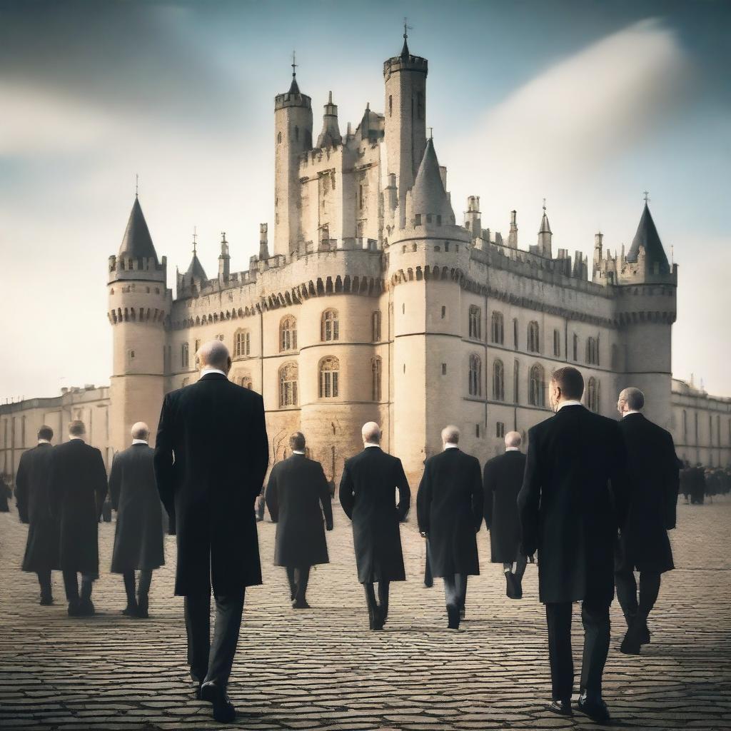 Create an image featuring a grand castle in the background and a group of men in suits in the foreground