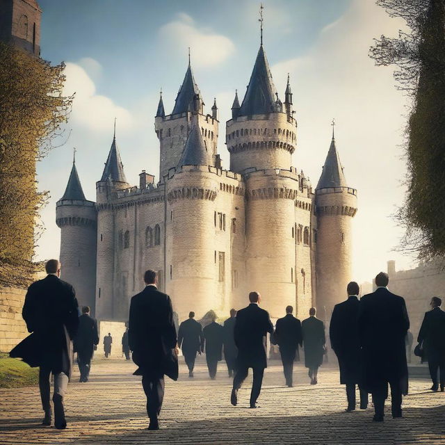 Create an image featuring a grand castle in the background and a group of men in suits in the foreground