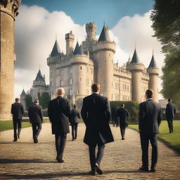 Create an image featuring a grand castle in the background and a group of men in suits in the foreground