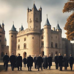 Create an image featuring a grand castle in the background and a group of men in suits in the foreground