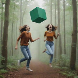 A man and woman, infatuated and panting, fleeing from a normal cubic object floating in the sky, as they navigate through a dense forest.